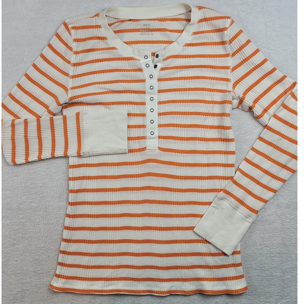 Aerie Henley Top Womens Large Orange White Striped Waffle Knit Long Sleeve Snap